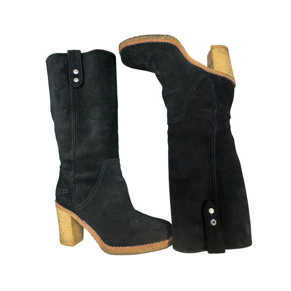UGG Australia Black Suede Tall Boots‎ Wooden Block Heel Platform Womens